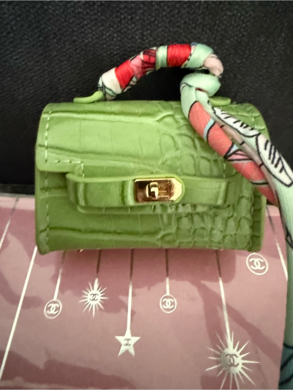 Green Birkin look a like Croc-Embossed Mini Satchel with Patterned Handle